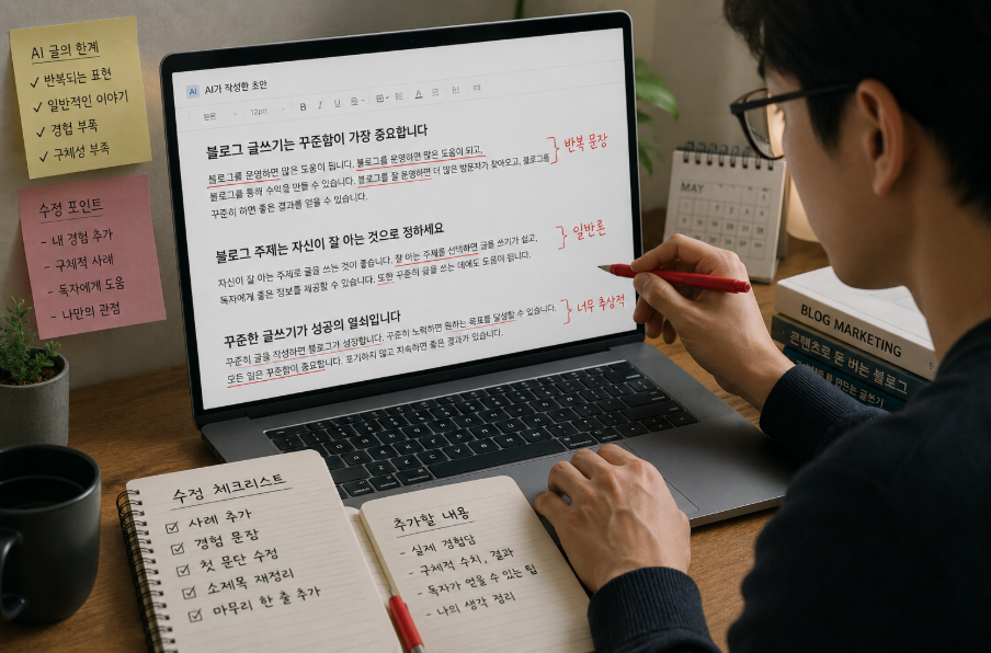 AI가 작성한 블로그 글을 사람이 직접 수정하며 사례와 경험을 추가하는 장면