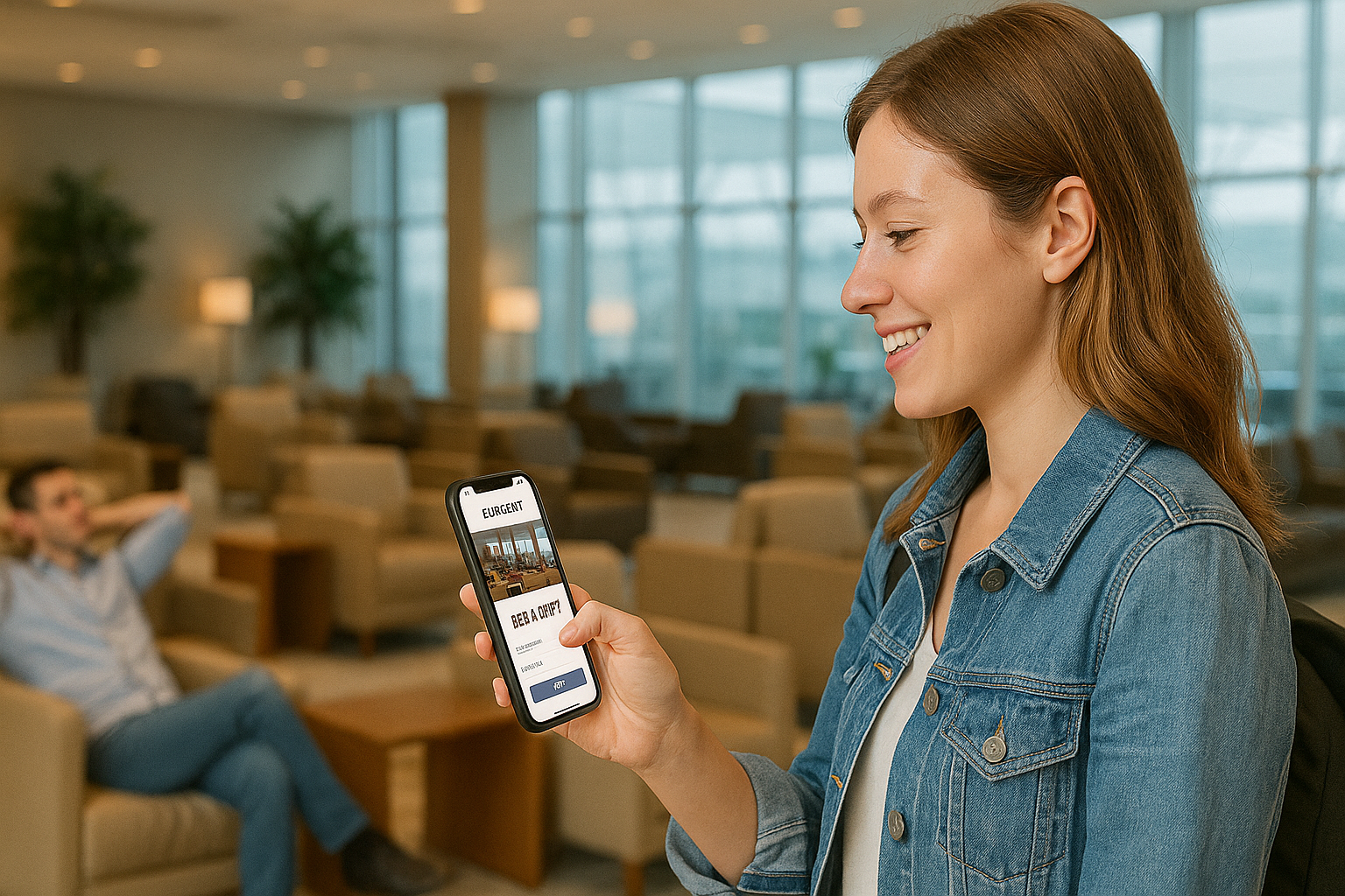 더라운지 앱으로 공항 라운지를 예약 중인 여행자와 공항 라운지 내부 모습