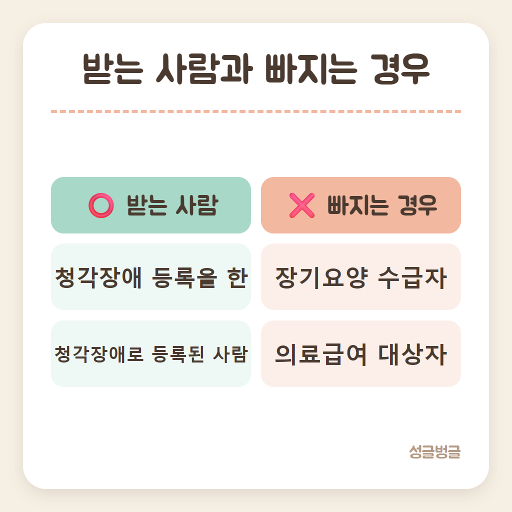 보청기 지원금을 받는 사람과 빠지는 경우를 정리한 카드