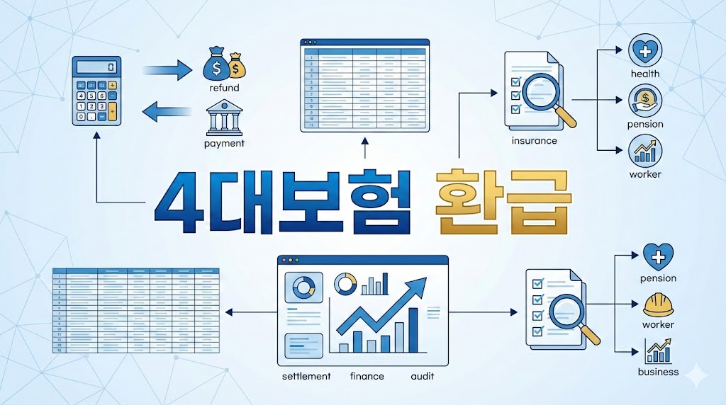 4대보험 환급금 조회 및 신청 방법을 설명하는 고해상도 비즈니스 인포그래픽 이미지