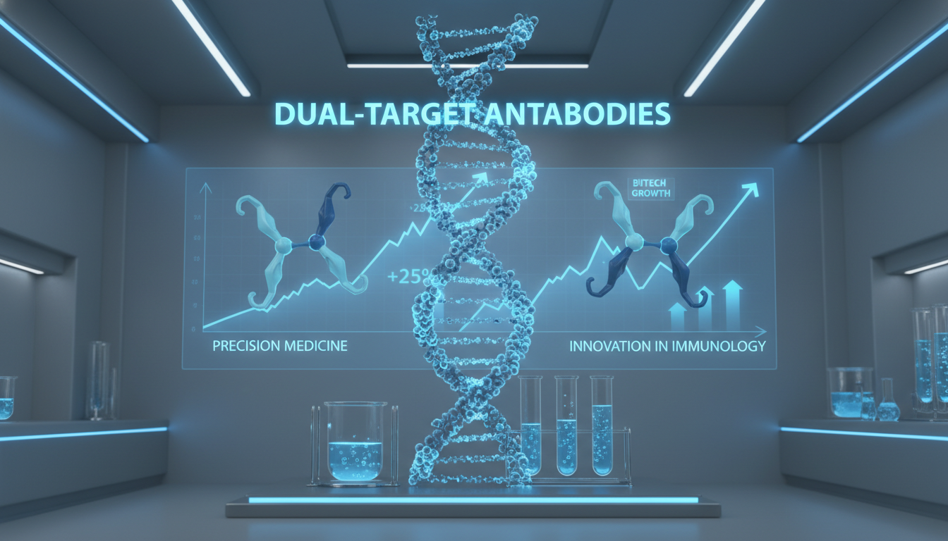 아이엠바이오로직스의 이중항체 신약 기술과 2026년 주가 성장 모멘텀을 상징하는 미래지향적 바이오 그래픽