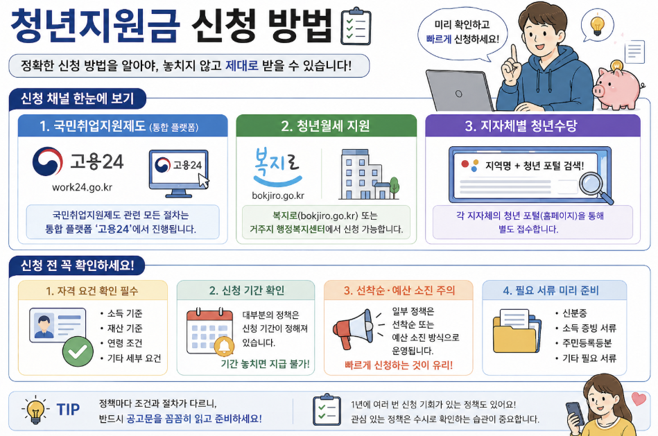 청년지원금 신청 방법 안내: 고용24 국민취업지원제도, 복지로 청년월세 지원, 지자체 청년수당 신청 채널 및 자격 요건 확인 절차