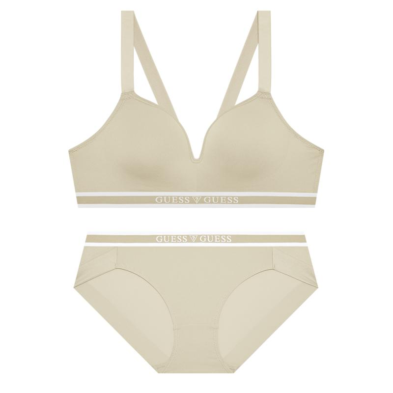 게스언더웨어 에어로쿨 로고 아웃밴드 베이지 노와이어 브라 팬티 세트