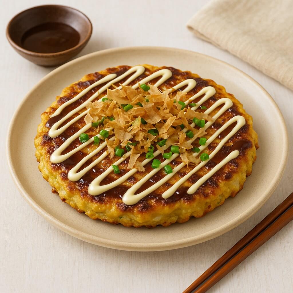 크리미한 마요네즈와 짭짤한 오코노미야키 소스로 장식된 일본식 부침 요리 오코노미야키. 가쓰오부시와 쪽파가 토핑되어 고소하고 먹음직스럽게 보이는 모습