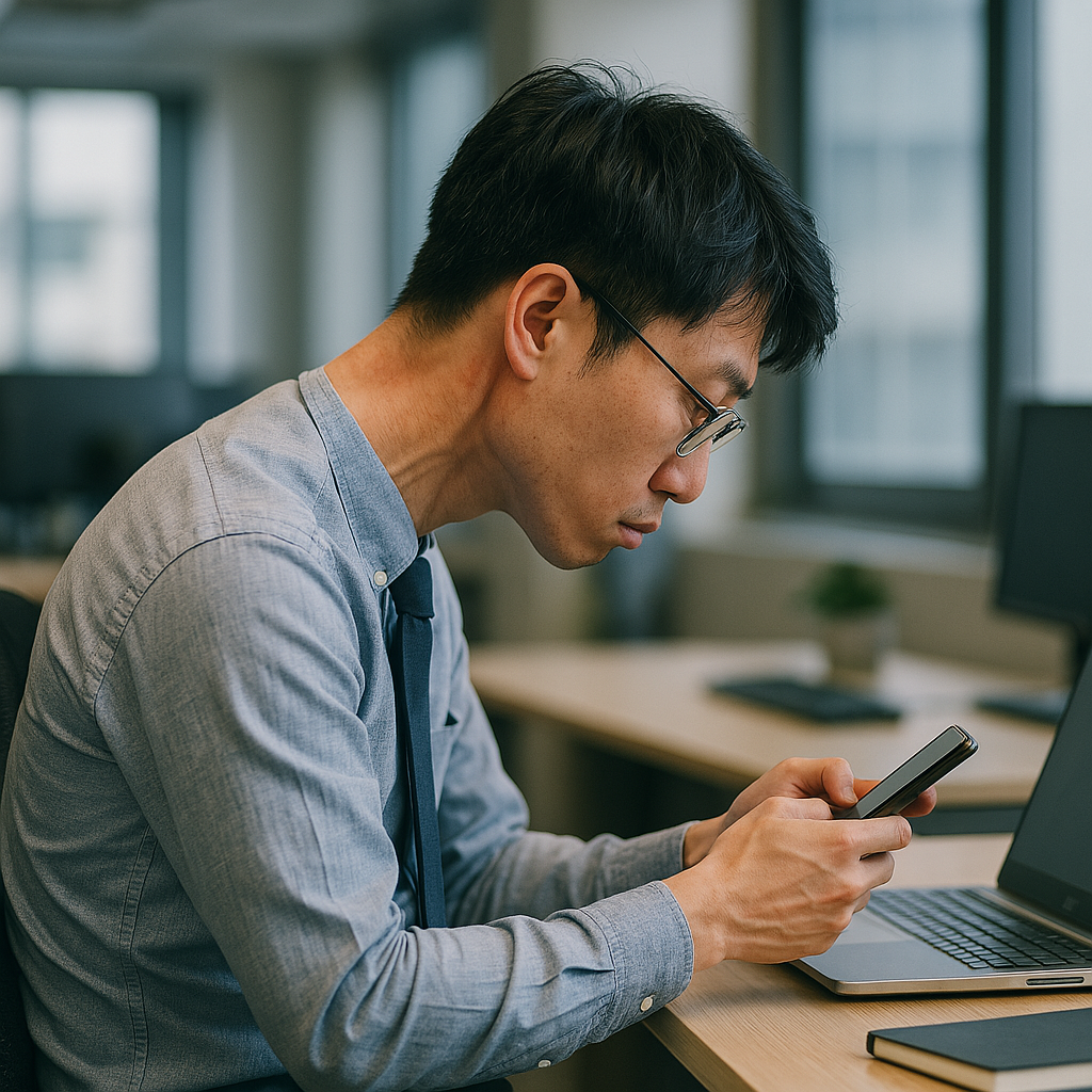 거북목 자세로 스마트폰을 사용하는 직장인의 모습, 목 건강을 위협하는 잘못된 자세의 전형적인 예시