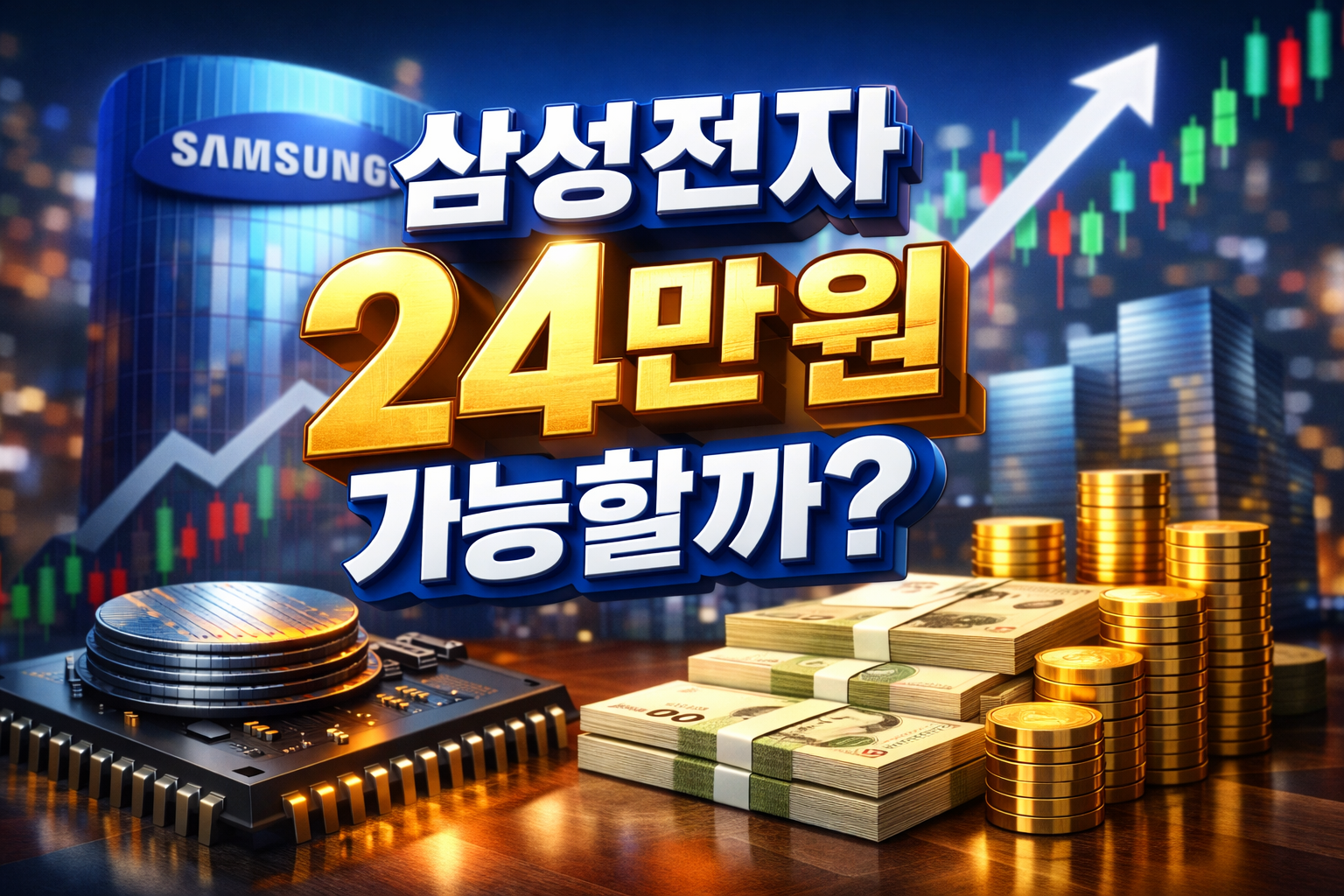 삼성전자 주가 24만 원 가능성을 주제로 한 썸네일 이미지, 반도체 산업 성장과 주가 상승 흐름 표현