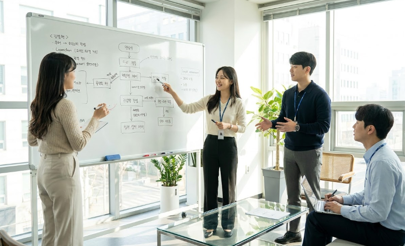 사회복지사가 체크리스트 양식에 직접 체크하며 검토