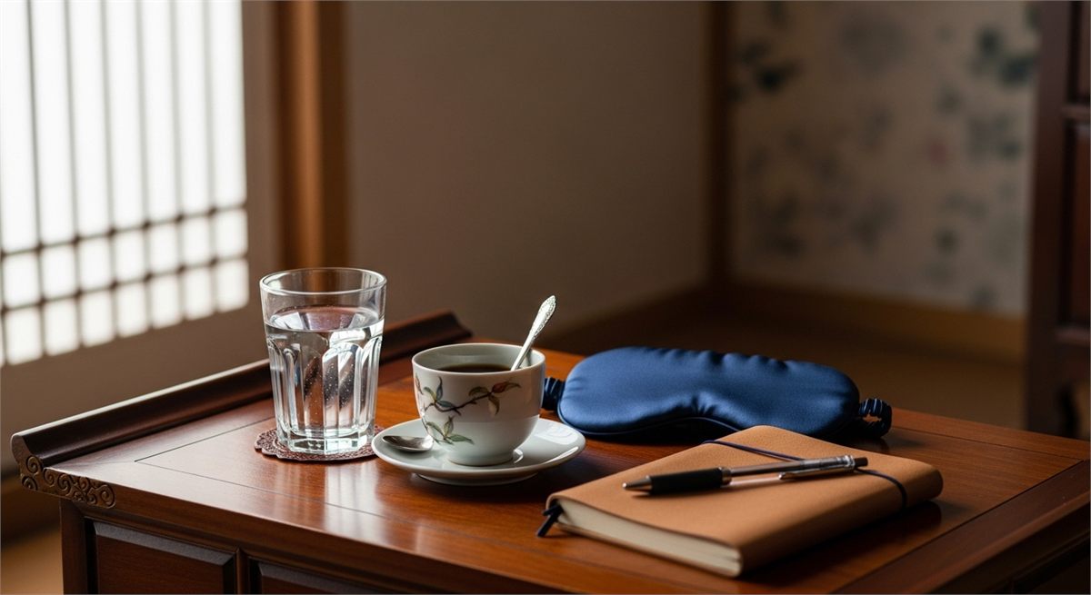 카페인 조절과 휴식 습관을 상징하는 침대 옆 테이블 장면