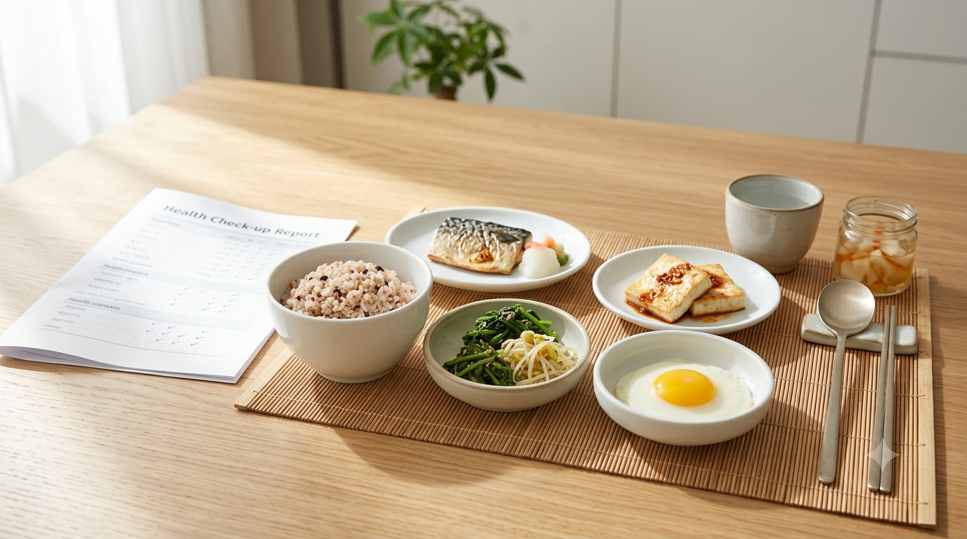 잡곡밥과 나물반찬, 두부 조림, 구운계란, 구운생선이 차려진 식탁에 건강체크를 위한 노트가 한 권 놓여있다.