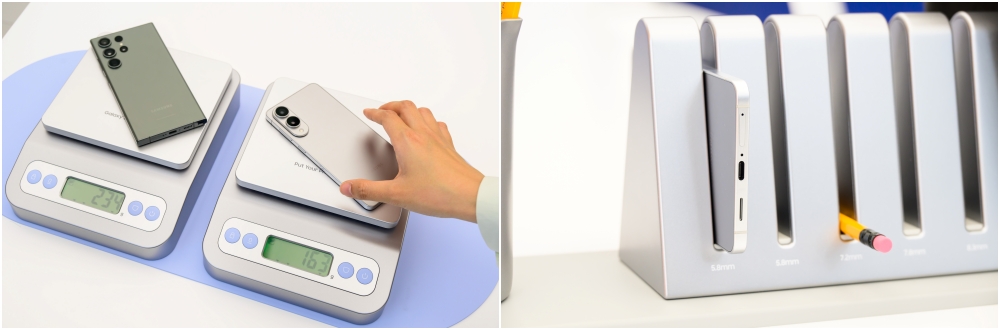 갤럭시 S25 엣지를 저울에 올려 실제 가벼운 무게(163g)를 보여주고, 연필과 함께 얇은 두께를 시각적으로 비교하는 사진