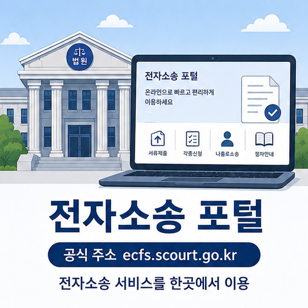 법원 건물과 전자문서가 표시된 노트북을 통해 전자소송 포털의 공식 주소가 ecfs.scourt.go.kr이며 법원의 온라인 소송 서비스임을 보여 주는 그림