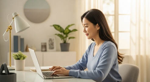 노트북으로 신청하는 청년 여성