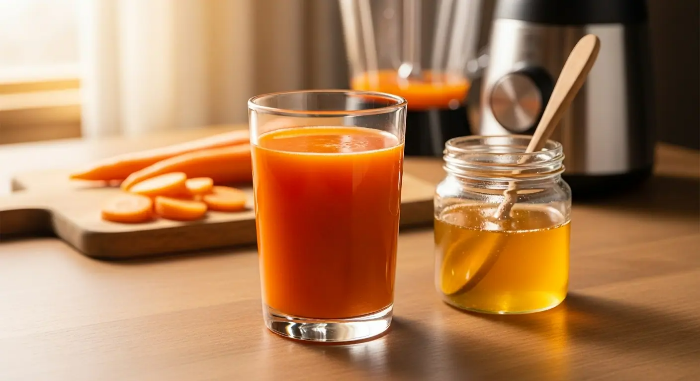꿀을 넣은 당근 주스와 꿀 병이 식탁 위에 놓여 있는 모습