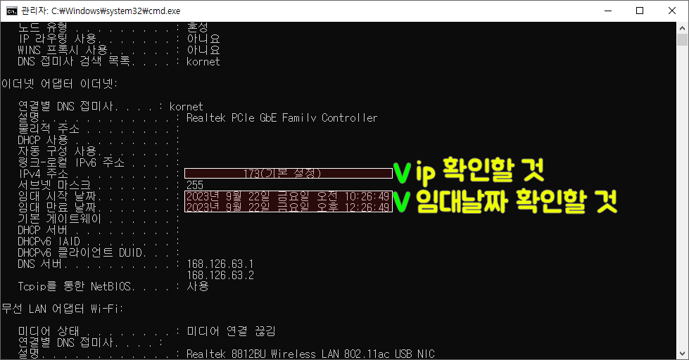ip와 임대날짜 확인하기