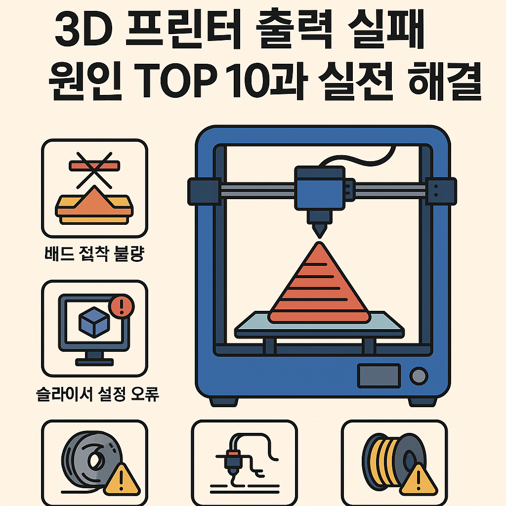 3D 프린터 출력 실패 원인과 해결 방법 요약 이미지