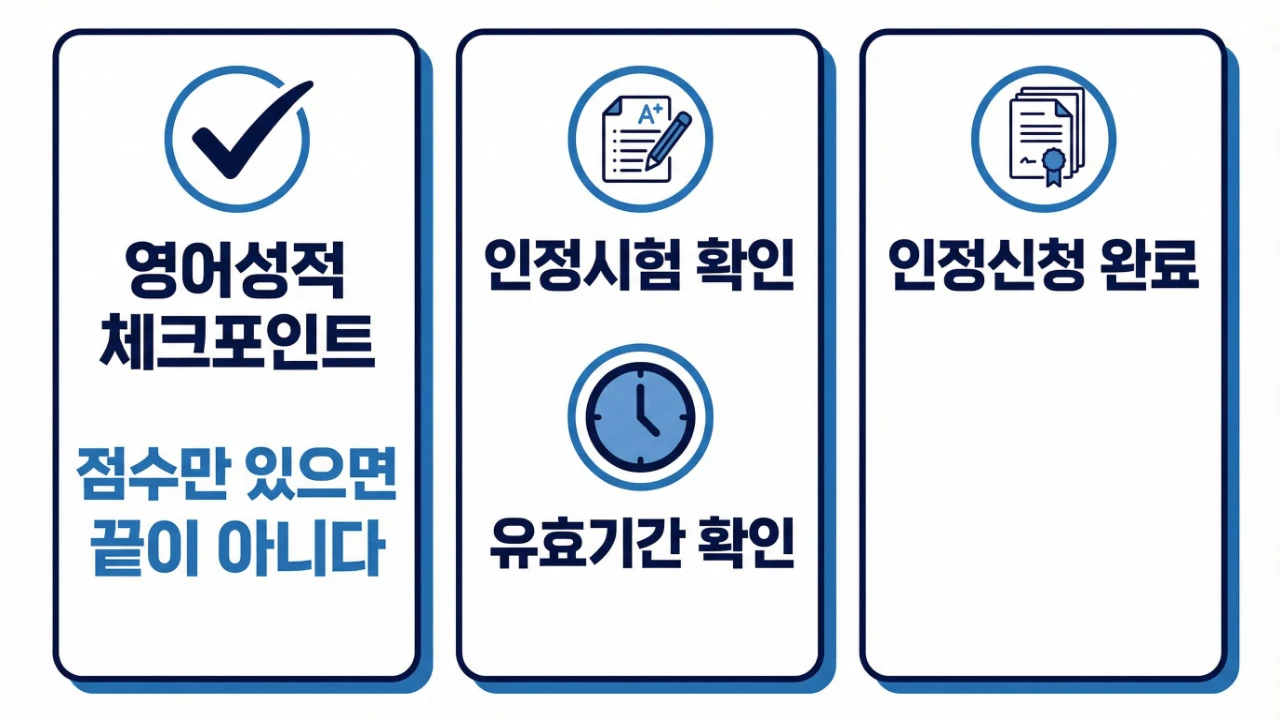 공인회계사 영어성적 인정신청의 핵심인 인정시험 확인, 유효기간 확인, 인정신청 완료를 정리한 이미지
