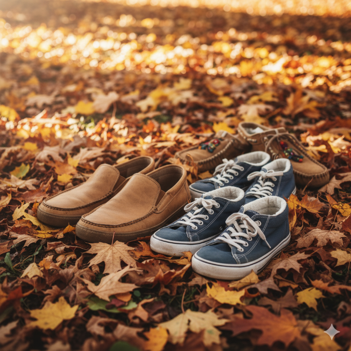 가을 낙엽 위 편안해 보이는 신발들