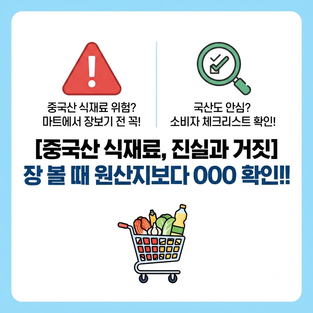 중국산 식재료의 안전성과 진실을 다룬 블로그 포스팅 썸네일 이미지로, 상단에는 '중국산 식재료 위험? 마트에서 장보기 전 꼭!'이라는 경고 문구와 '국산도 안심? 소비자 체크리스트 확인!'이라는 문구가 배치되어 있으며, 중앙에는 '[중국산 식재료, 진실과 거짓] 장 볼 때 원산지보다 OOO 확인!!'이라는 핵심 제목과 함께 장보기 카트 일러스트가 그려져 있는 블로그 대표 썸네일
