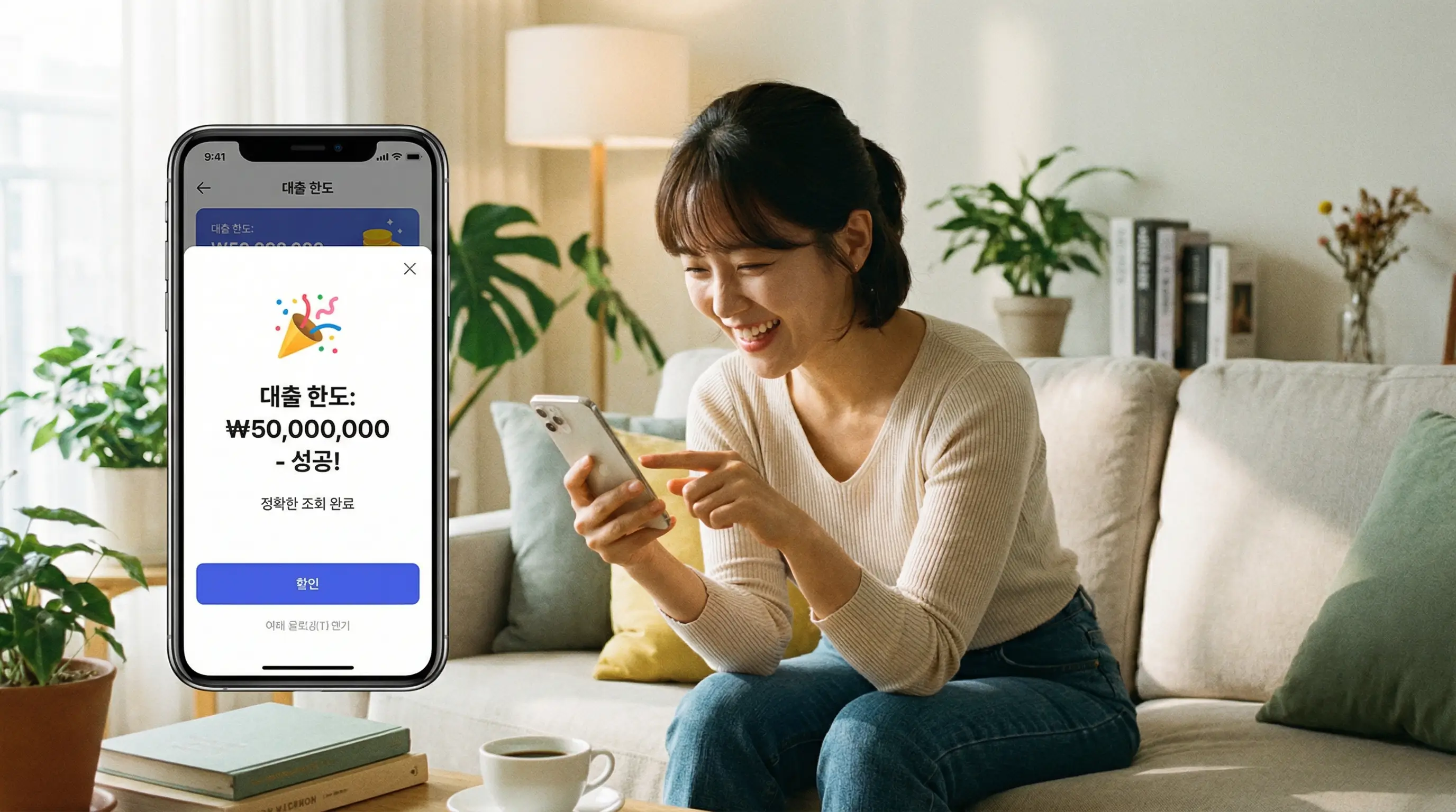 스마트폰으로 정확한 대출 한도를 조회하고 만족해하는 사용자의 모습