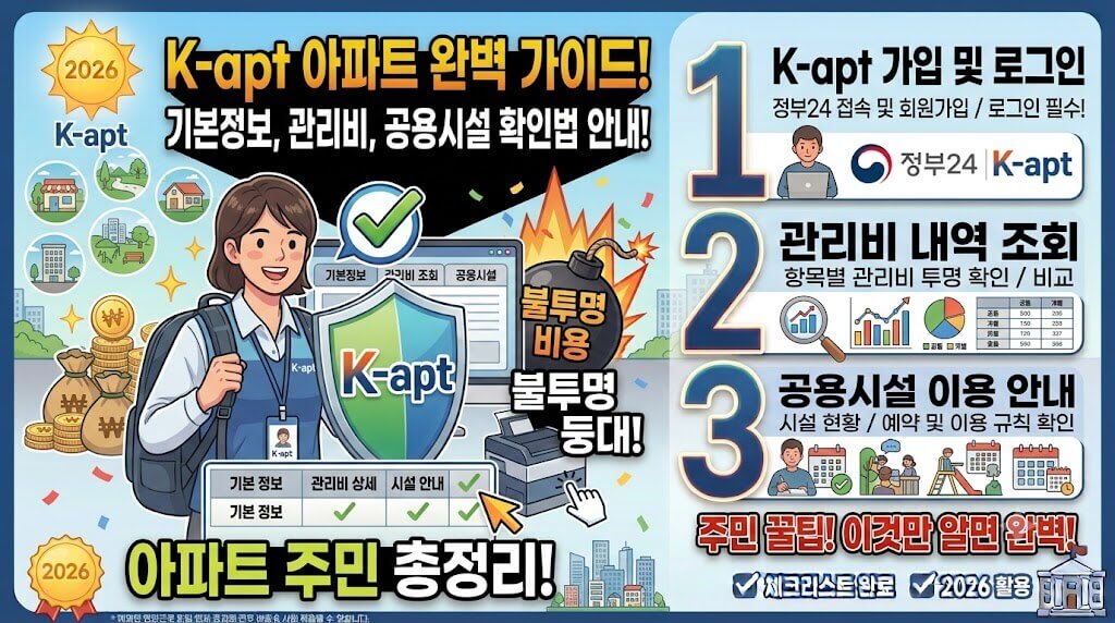 K-apt 아파트 기본정보, 관리비 및 공용시설 확인 안내 인포그래픽
