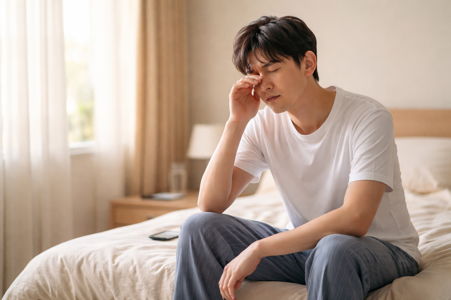 아침에 기상했지만 충분히 회복되지 않은 상태로 침대에 앉아 피로를 느끼는 성인 남성의 모습
