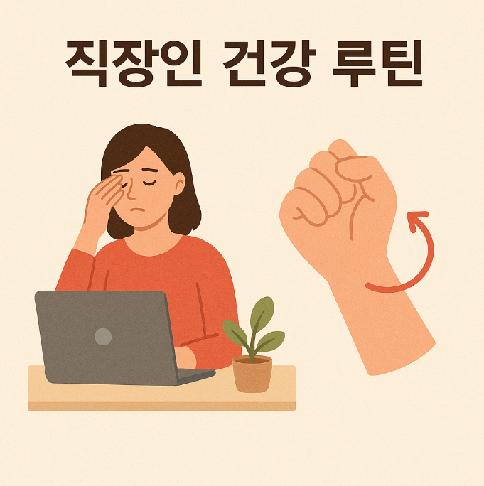 직장인 여성인 노트북 앞에서 눈을 만지는 모습과 손목을 돌리는 이미지