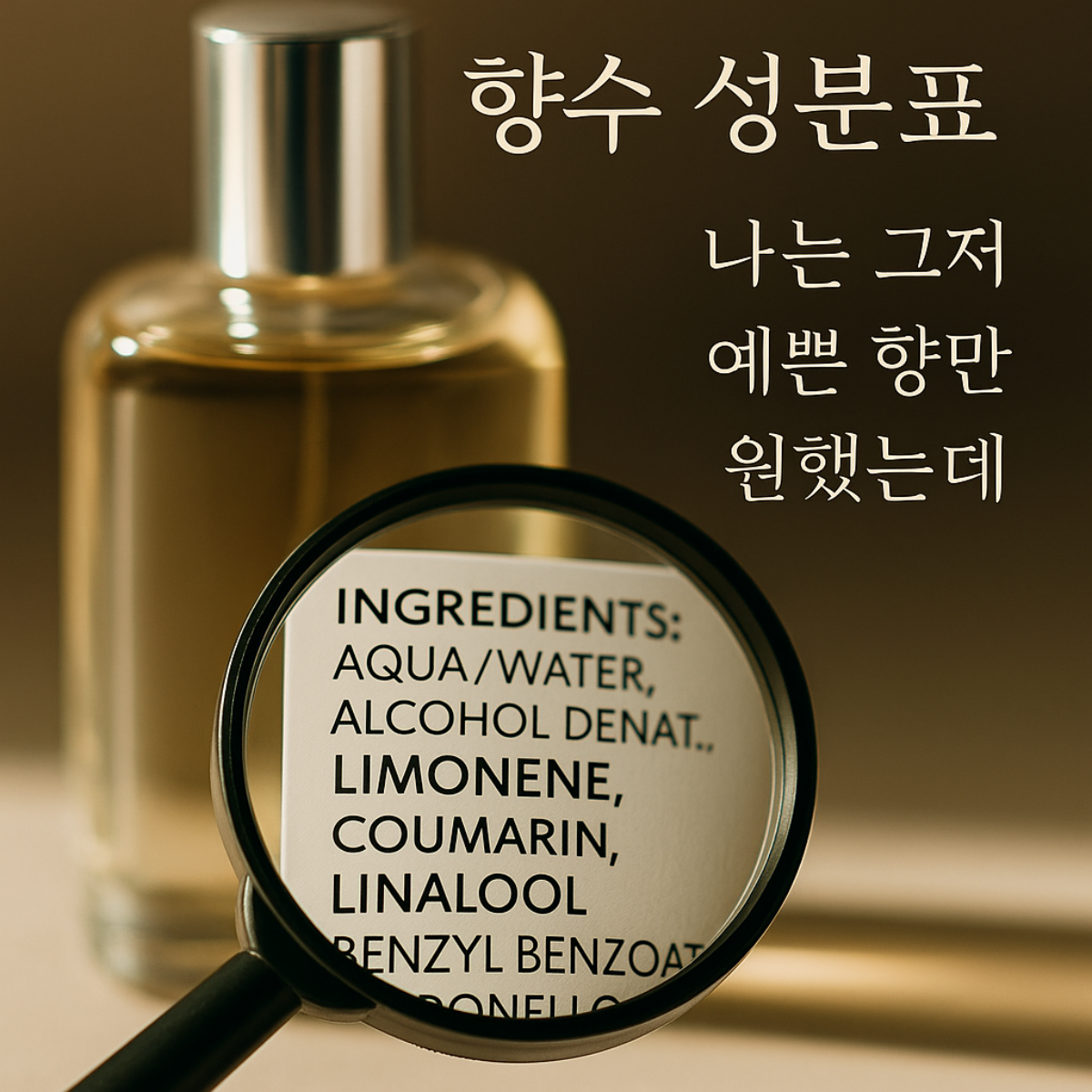 향수병과 확대경으로 본 성분표, 리모넨·쿠마린·리날룰 등 향수 성분을 보여주며 '나는 그저 예쁜 향만 원했는데'라는 문구가 있는 고급스러운 이미지