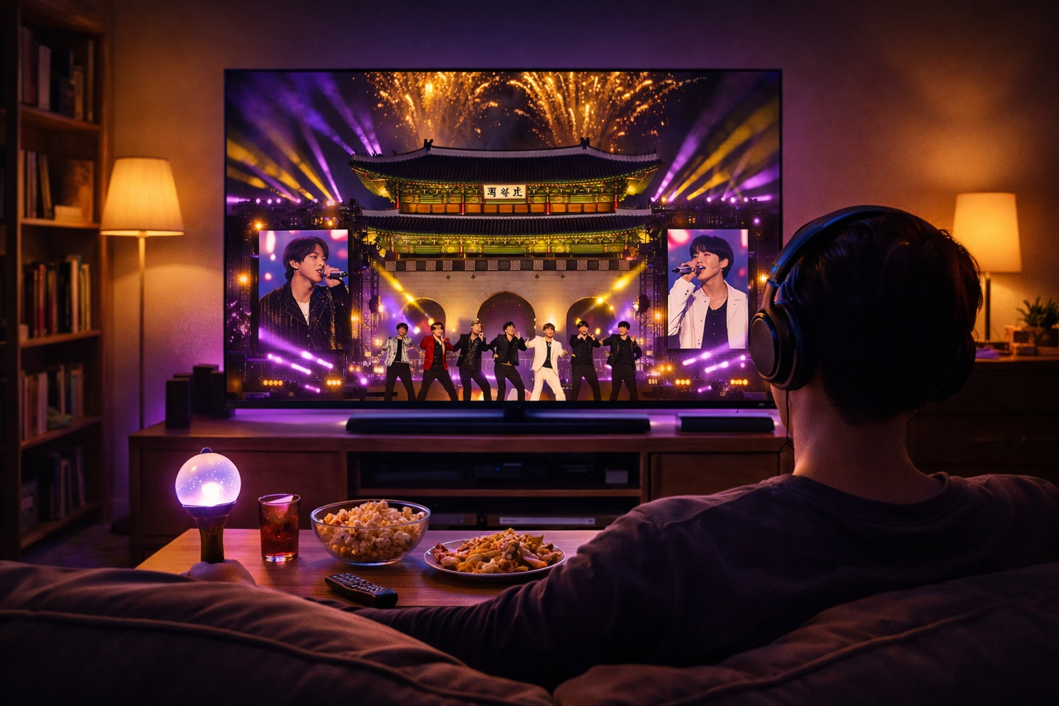 방탄소년단 콘서트를 넷플릭스로 시청하는 아늑한 거실 풍경. 헤드폰을 착용한 사람이 소파에 앉아 있고, 아미밤이 놓인 테이블.