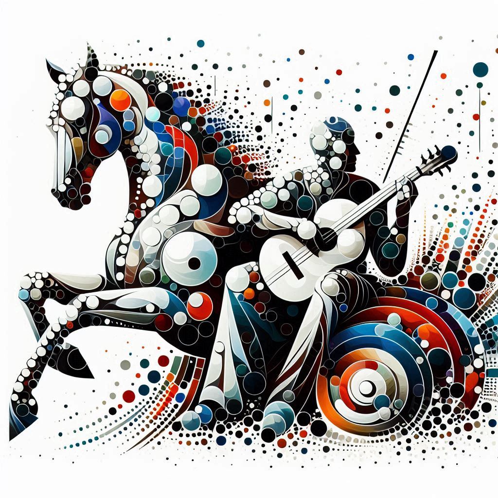 바이올린을 연주하는 음악가와 힘찬 말이 어우러진 장면, 파블로 피카소 큐비즘 걸작 스타일로, 기하학적 분해와 재구성