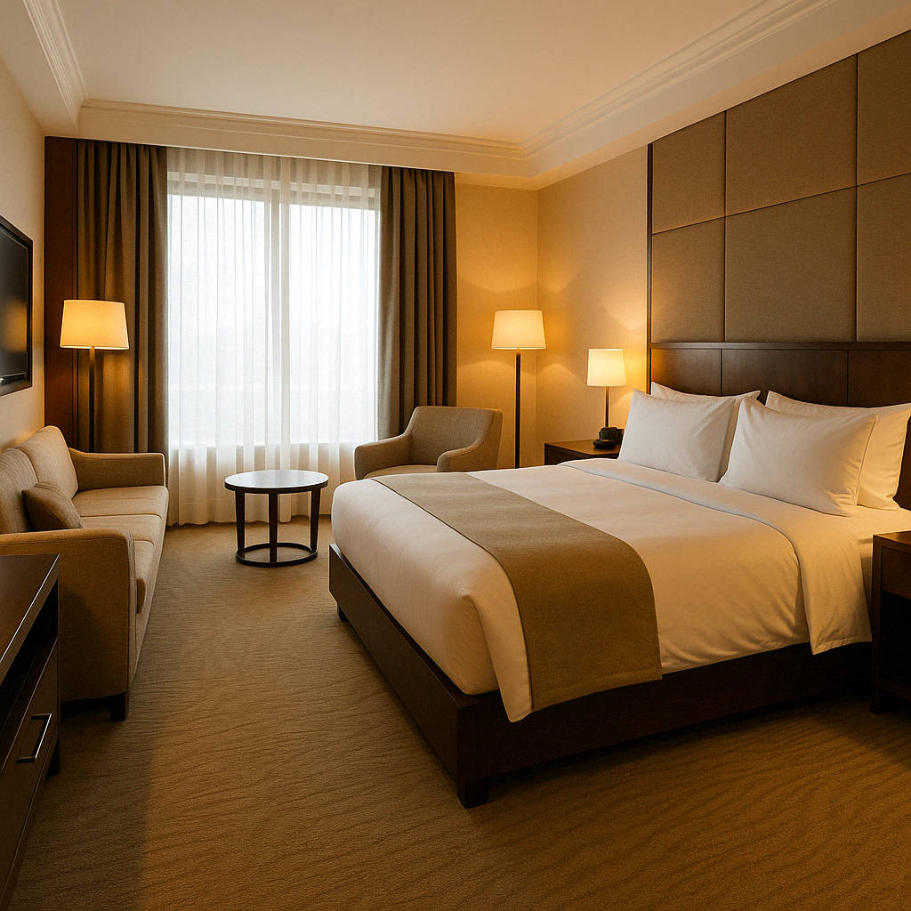 고급스러운 객실 내부 이미지로&amp;#44; 룸 상태를 직접 보여주며 관련 표현을 연상시킬 수 있도록 돕습니다.