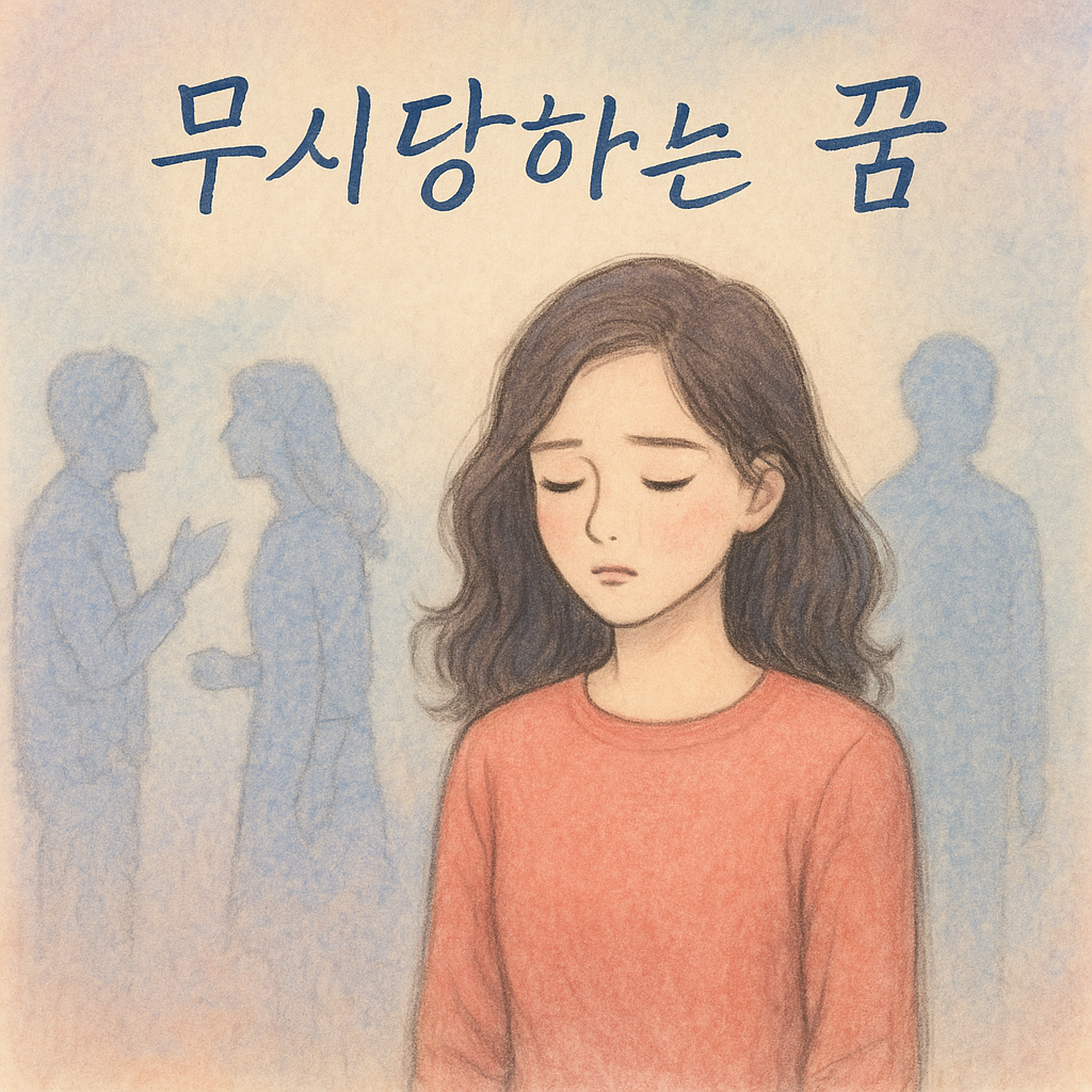 눈을 감은 여성이 주변 사람들에게 무시당하는 듯 서 있는 장면, 파스텔톤 배경 속에서 외로움과 슬픔이 표현된 몽환적인 일러스트, 상단에는 ‘무시당하는 꿈’이라는 필기체 문구가 적혀 있음