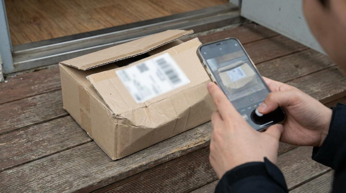 파손된 택배 박스와 운송장 증거 촬영 예시