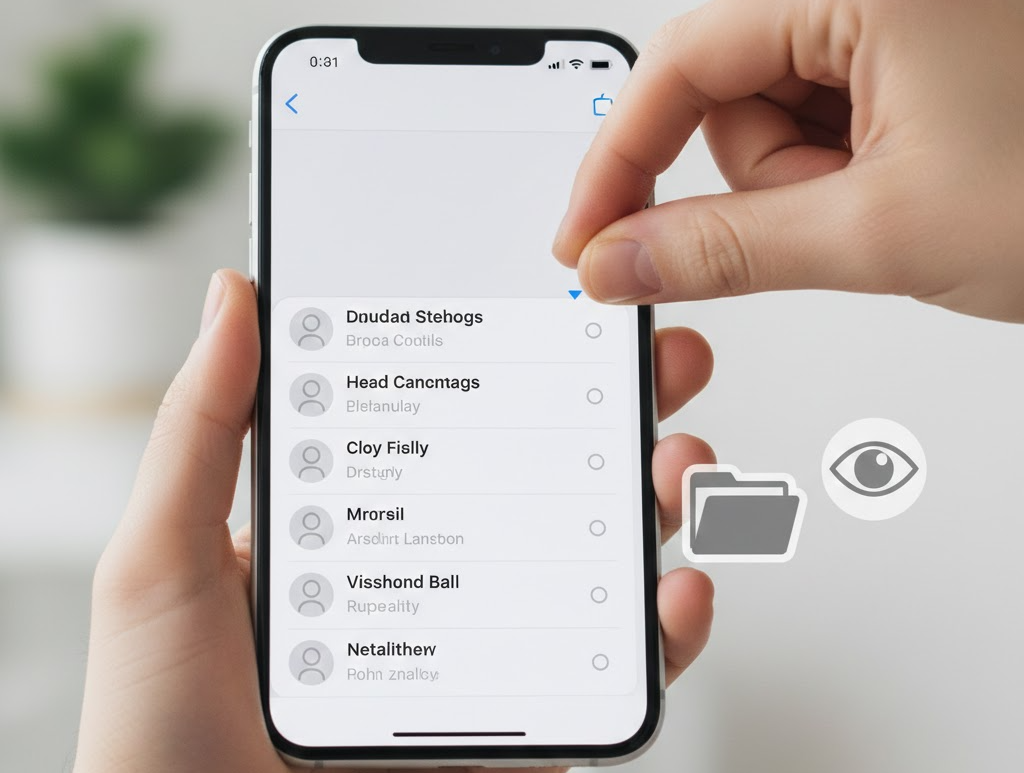 채팅 목록에서 안읽은 메시지를 미리 확인하는 동작을 보여주는 스마트폰 손 연출 이미지