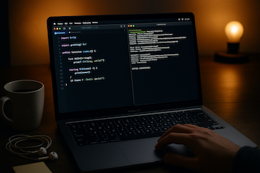 야간 조명 아래 MacBook Pro에서 Swift 코드와 빌드 로그를 확인 중인 개발자 책상 모습.