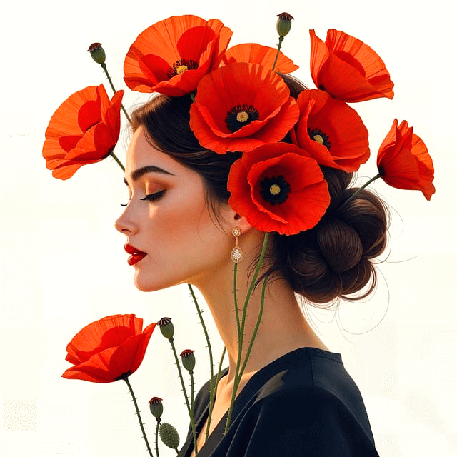 젊은 미녀가 두 눈을 가진 옆모습이다. 머리에는 빨간 양귀비꽃들이 가득하다. 이명을 앓는 여인이다.