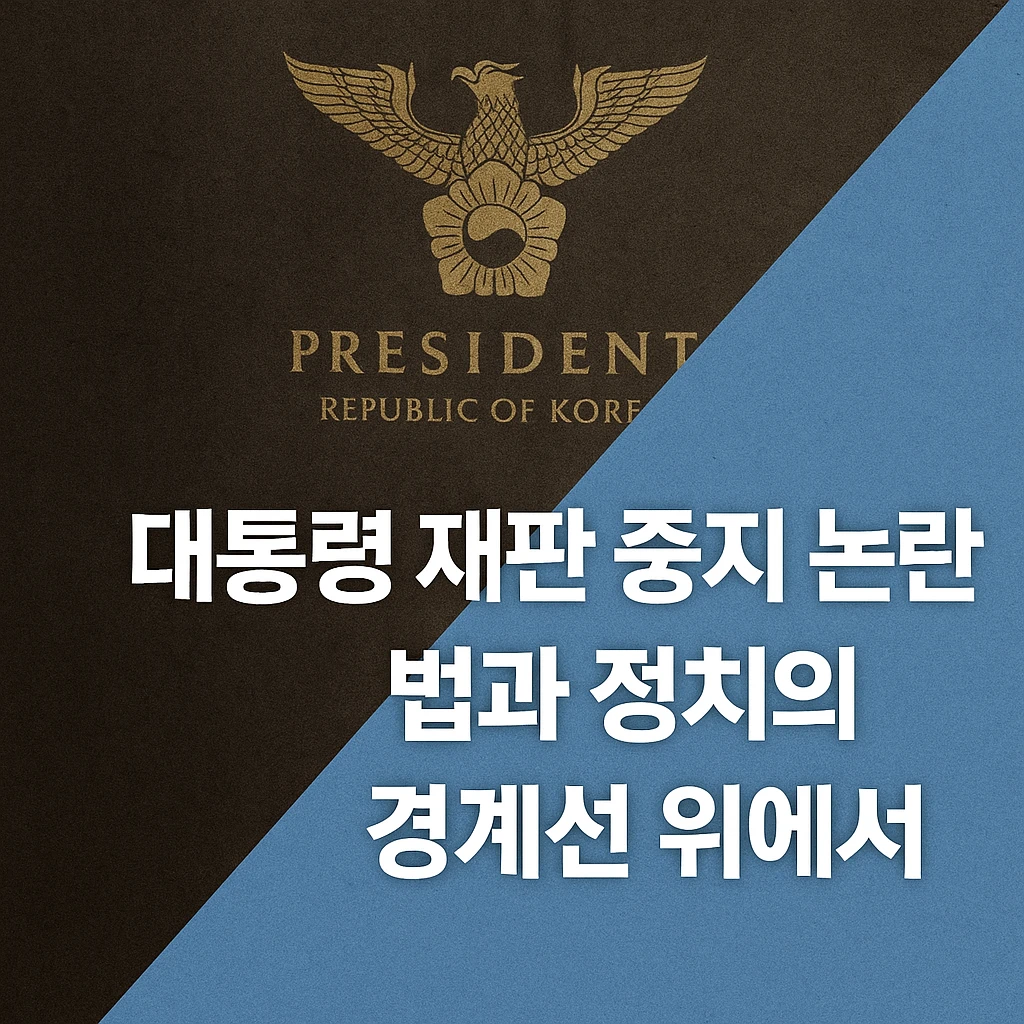 대통령 재판중지법 논란, 법과 정치의 경계선 위에서 — 대한민국 대통령 상징과 헌법 이미지를 결합한 인포그래픽