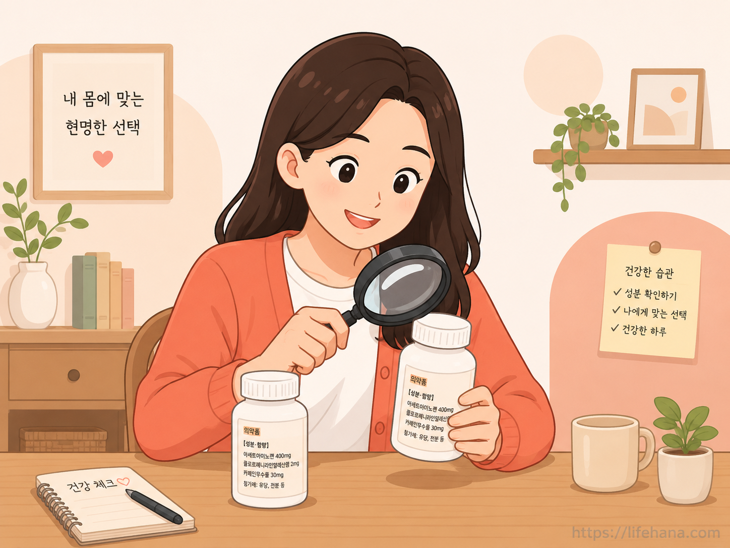 모양과 색상이 비슷한 약통 두 개를 앞에 두고 돋보기로 성분을 꼼꼼히 대조하는 주인공의 모습