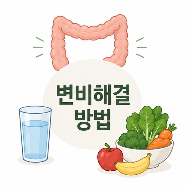 장과 물컵, 채소와 과일을 이용해 생활습관부터 시작하는 변비 관리 방법을 보여주는 그림