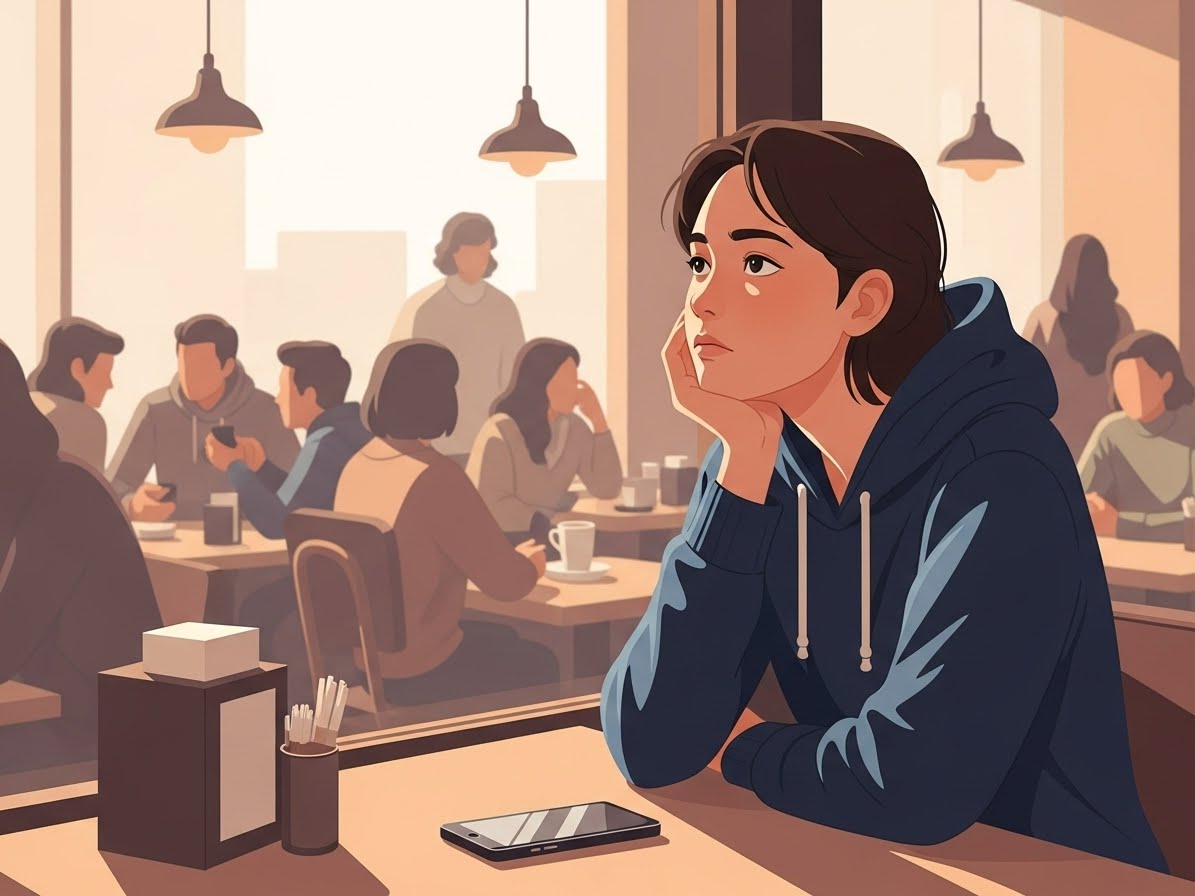 카페에 혼자 생각하는 사람 일러스트