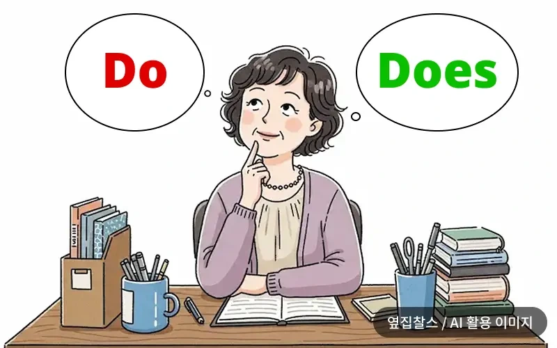 책상에 앉은 여성이 Do, Does 를 궁금해 하는 모습