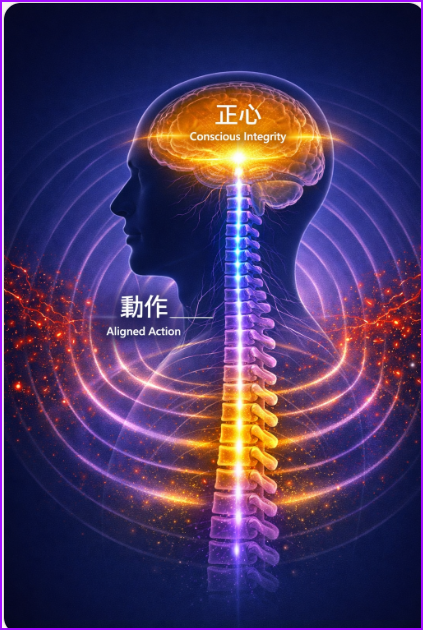 참전계경 제16사 일엄의 도리에 의거하여, 무괴한 정심과 올곧은 척추 정렬을 결합하여 자율신경계 코르티솔 분비를 차단하고 압도적인 존재감(위여신룡)을 가설하는 뇌과학적 정렬 회로도