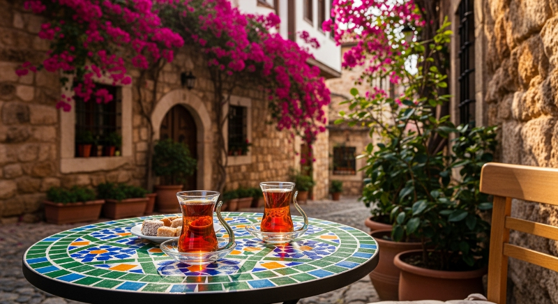 튀르키예 안탈리아 구시가지의 야외 카페에서 즐기는 따뜻한 터키식 차와 평화로운 거리 풍경