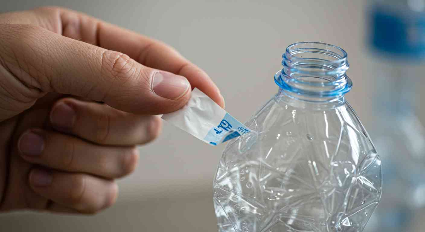 페트병의 라벨을 깨끗하게 떼어내는 손을 클로즈업한 사진.