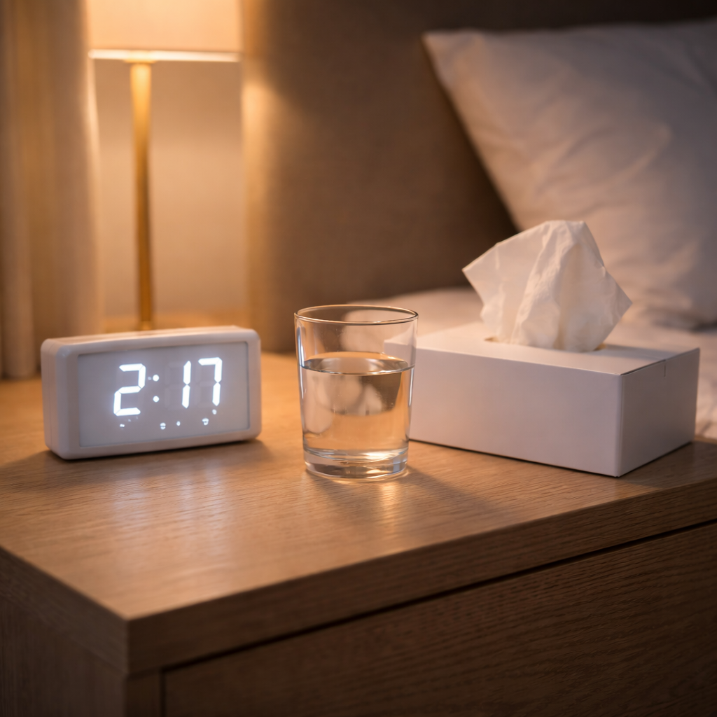 야간뇨로 수면이 끊길 수 있음을 상징하는 침실 정물 이미지