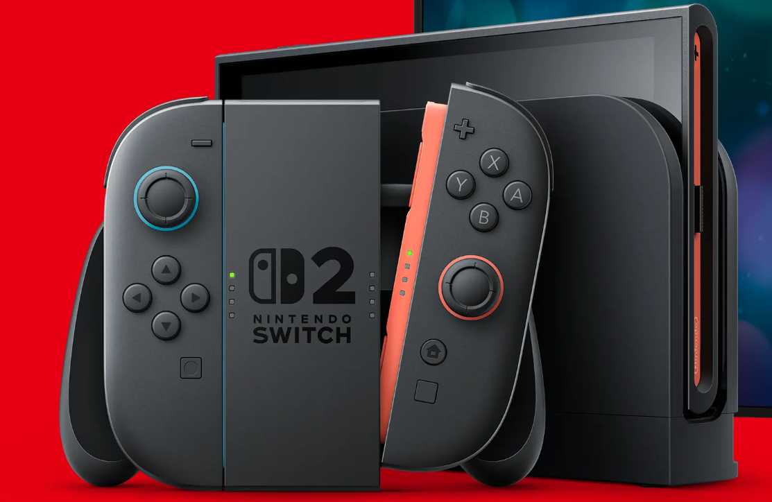 닌텐도 스위치 2의 클로즈업 이미지로, 검은색 본체와 조이콘 컨트롤러가 세밀히 묘사되어 있으며, 오렌지색과 파란색 조합의 컨트롤러 색상이 돋보인다
