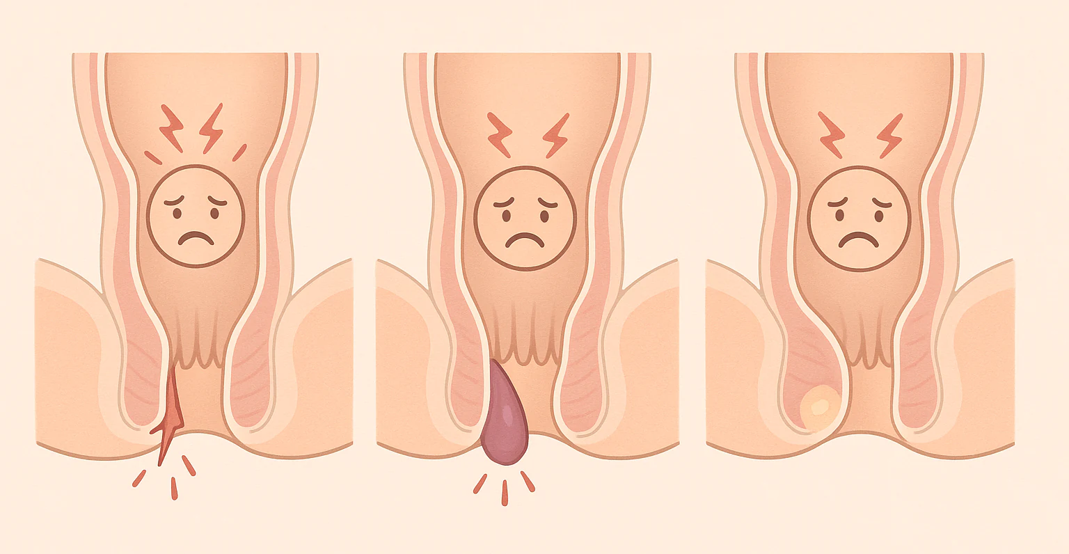 배변 시 항문 통증을 표현한 의학 일러스트, 치열(찢어진 피부), 치핵(돌출된 혈관), 농양(부은 항문 주위) 구조 비교