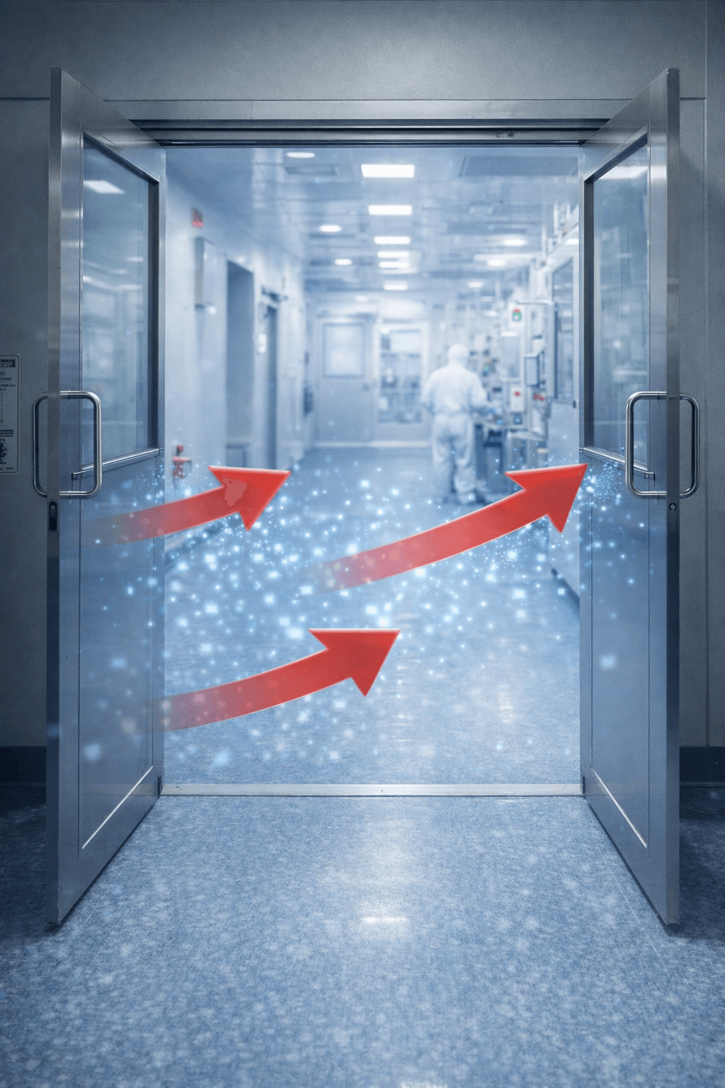 클린룸 출입문은 개방시 차압 붕괴로 클린룸 오염제어 청정도 영향을 미치는 문제로 항상 닫혀 있어야 한다.