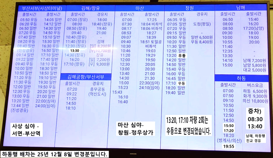 사상, 김해, 마산, 창원, 남해, 하동 방면 시간표