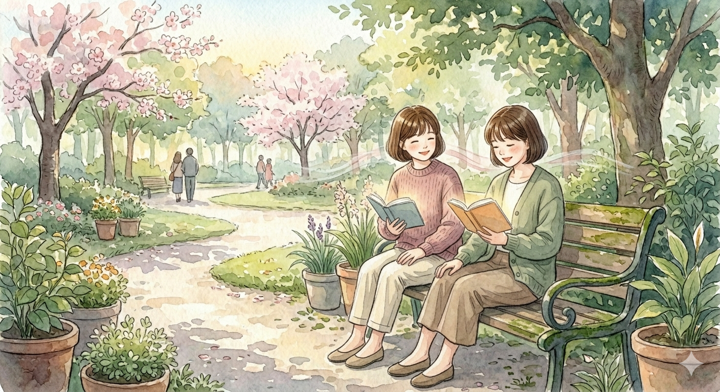 "공원 벤치에 두 명의 여성이 앉아 있지만, 서로 적당한 간격을 두고 각자 자신의 책을 읽으며 가끔 미소를 주고받는 수채화 일러스트. 가까우면서도 각자의 독립적인 공간을 존중하는 건강한 거리 두기의 모습을 상징함."