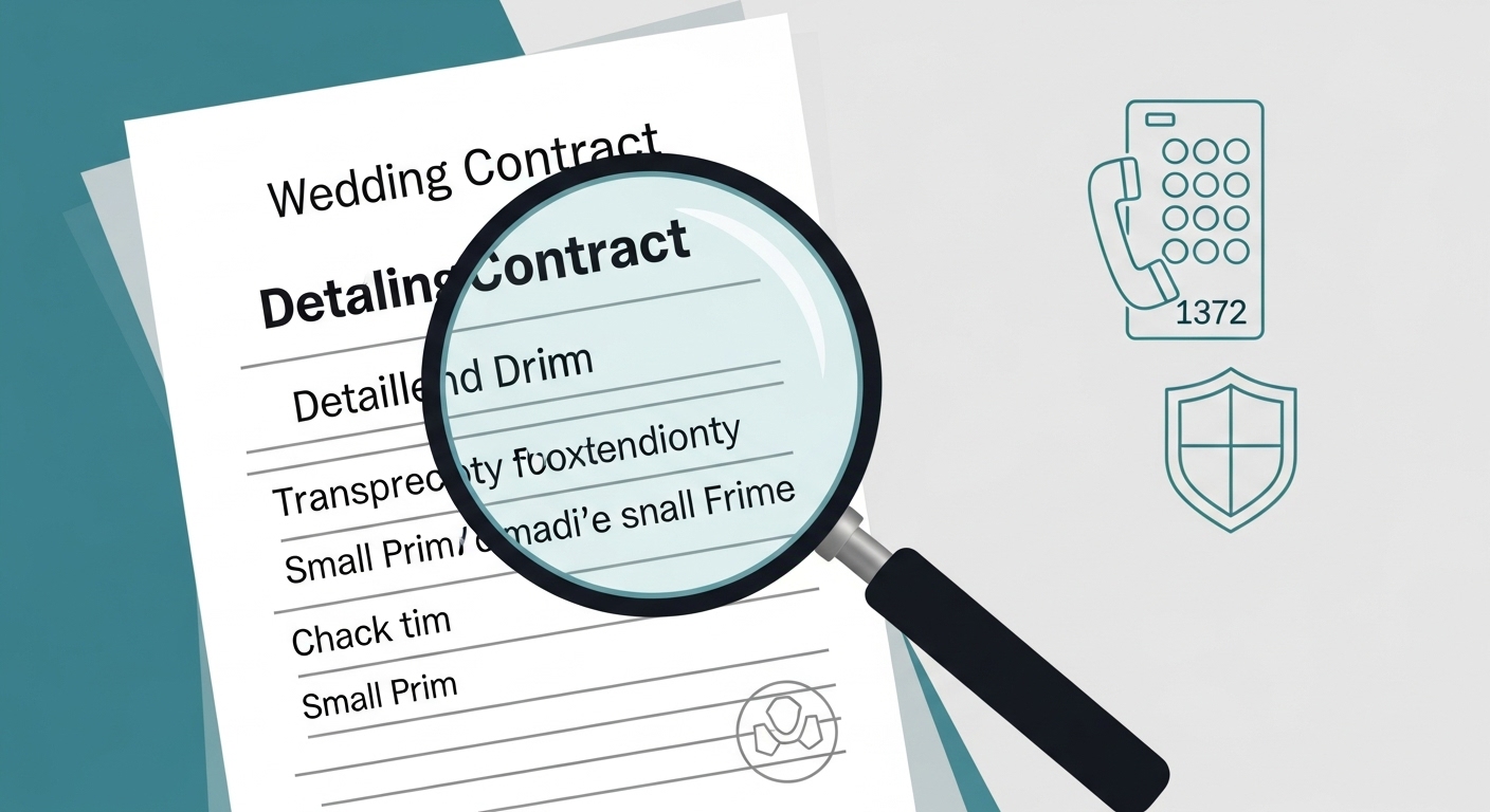 돋보기로 결혼 계약서를 꼼꼼히 확인하고 소비자 보호 아이콘이 함께 있는 이미지